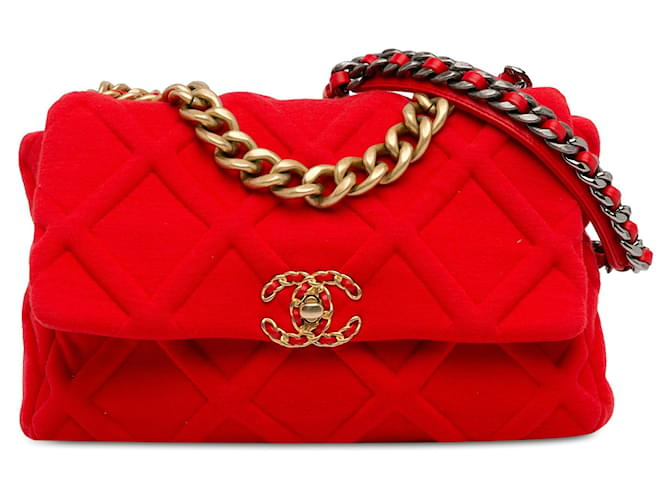 Red Chanel Large Jersey 19 Flap Satchel Leather  ref.1416864