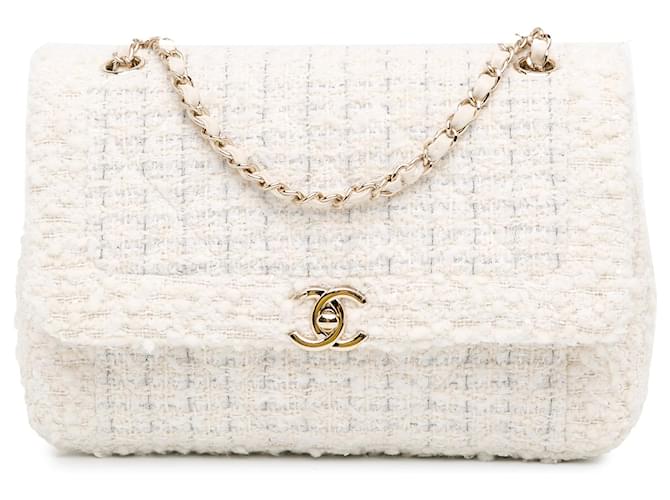 White Chanel Medium Tweed Single Flap Crossbody Bag Leather  ref.1416868