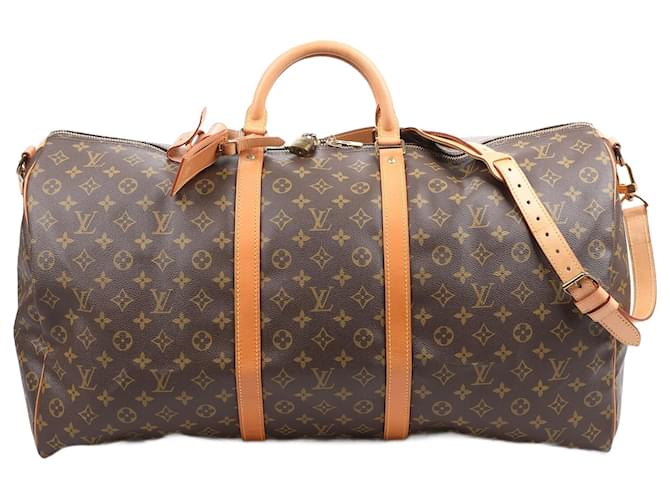 Louis Vuitton Monogram Lona Keepall Bandoulière 60 Mala de viagem M41412 Marrom Couro  ref.1417015