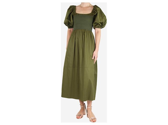 Autre Marque La Ligne Green puff-sleeved shirred midi dress - size S Cotton  ref.1417201