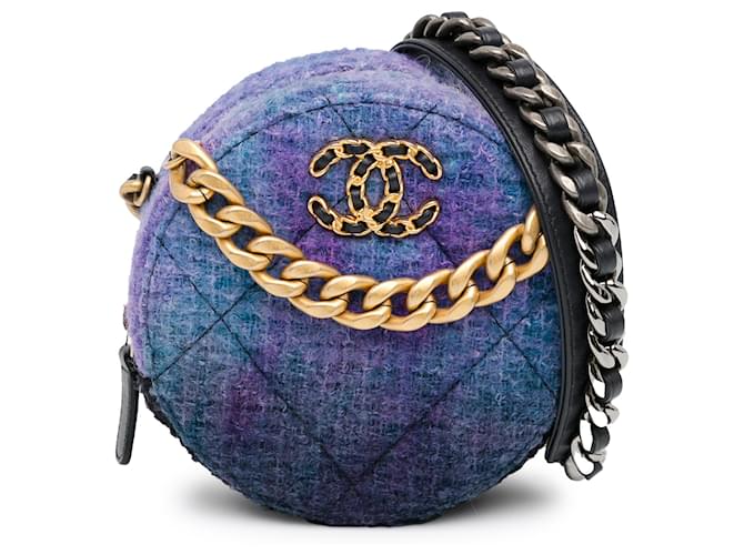 Chanel Purple Tweed 19 Round Clutch With Chain Pony-style calfskin Cloth  ref.1417282