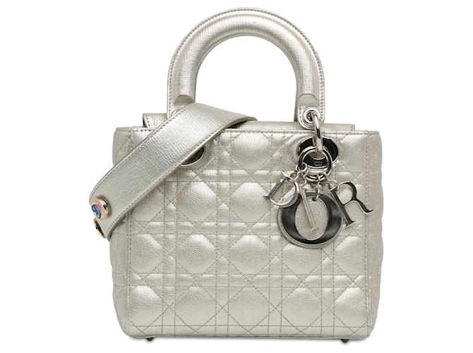 Dior Silver Small Cannage My ABCDior Lady Dior Lucky Badges Silvery Leather  ref.1417295