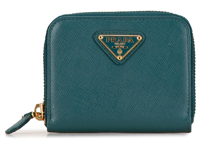 Cartera Prada Azul Saffiano Zip Around Turquesa Cuero  ref.1417337