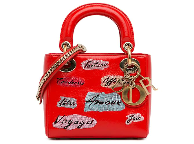 Dior Red Mini-Paillettenverzierung von Lady Dior Rot Leder Kalbähnliches Kalb  ref.1417352