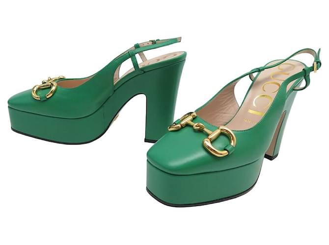 NEUF CHAUSSURES GUCCI NEW SHAMROCK SLINGBACK MORS 723837 38.5 EN CUIR SHOES Vert  ref.1417426