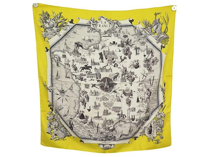 Hermès VINTAGE SCARF HERMES LA FRANCE 1959 F DE LA PERRIERE SQUARE 90 SILK SCARF Yellow  ref.1417428