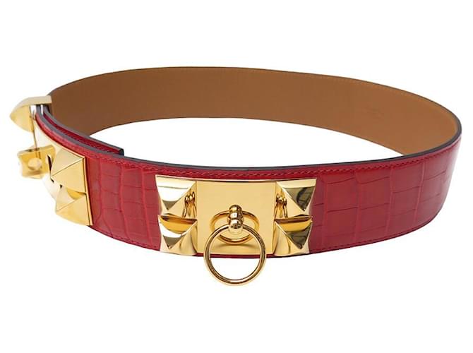 Hermès NEW HERMES MEDOR BELT DOG COLLAR T75 CROCODILE LEATHER BELT Red Exotic leather  ref.1417457