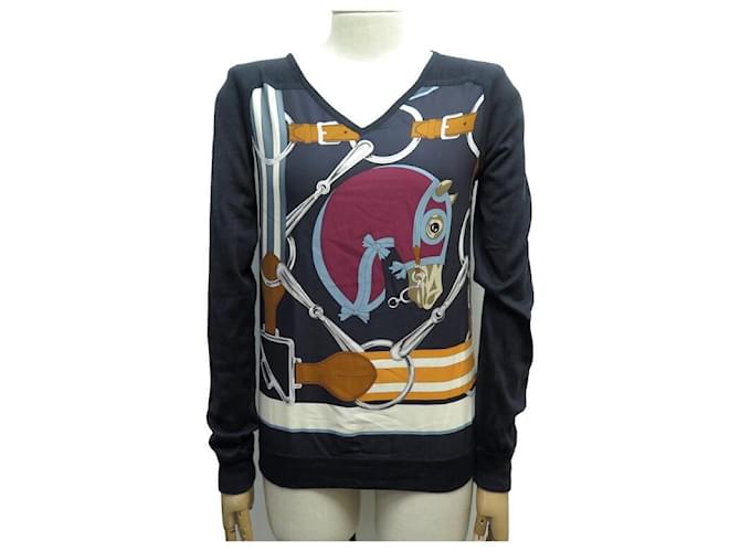 Hermès NEUF PULL HERMES TWILLAINE IMPRIME TATERSALE 38 M EN CACHEMIRE SOIE BOITE Bleu Marine  ref.1417477