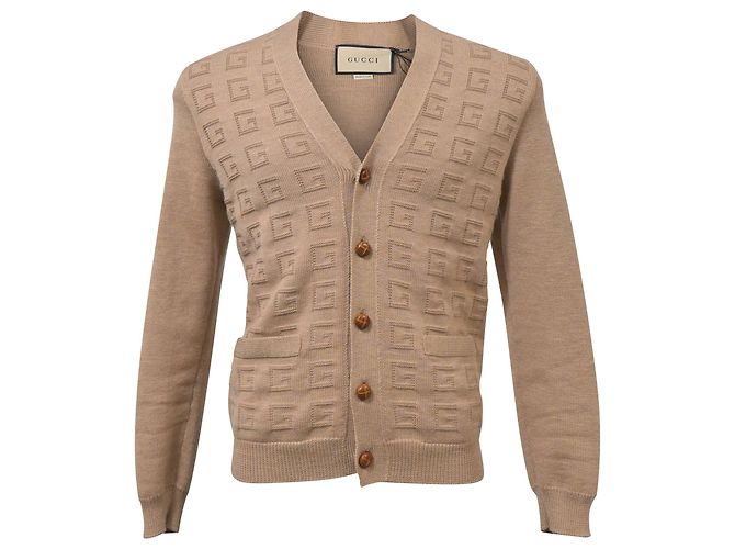 Gucci V-Neck GG Pattern Cardigan in Brown Wool