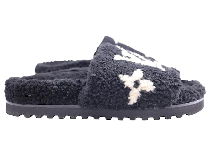 Mule Louis Vuitton Shearling Bom Dia Flate en laine noire  ref.1417589