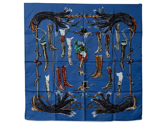 Hermès HERMES CARRE 90 A propos de Bottes Scarf Cotton Scarf in Good condition Blue  ref.1417630