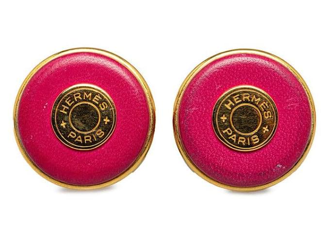 Hermès Pendientes Serie Hermes Cuero Chapado En Oro Clip-On/Tacos en muy buen estado. Rosa  ref.1417642