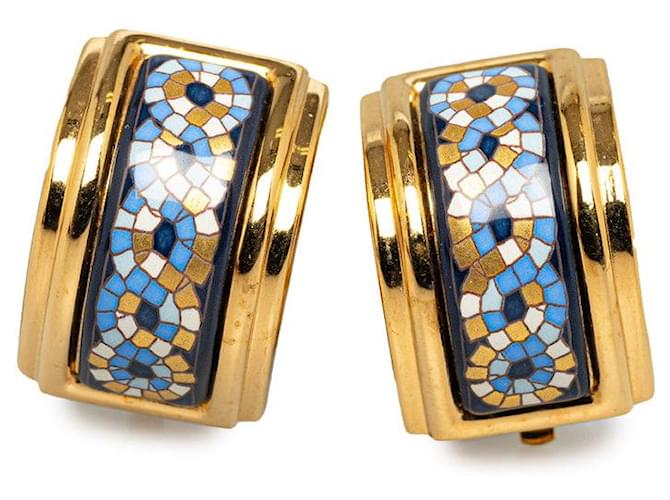 Hermès Hermes Enamel Patterned Clip-On Earrings Gold Blue in Very Good Condition Golden Metal  ref.1417645