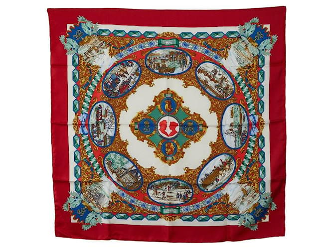 Hermès HERMES CARRE 90 L'Entente Cordiale Scarf Cotton Scarf in Good condition Red  ref.1417693