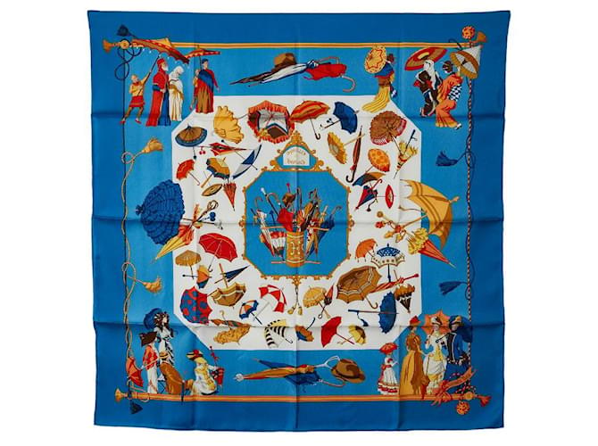 HERMÈS CARRÉ 90 Foulard Ombrelles et Parapluies Foulard en coton en bon état Bleu  ref.1417694