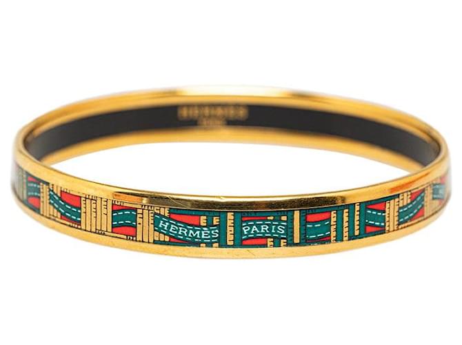 Hermès Hermes Enamel PM Patterned Bangle Gold Green Red in Very Good Condition Golden  ref.1417724