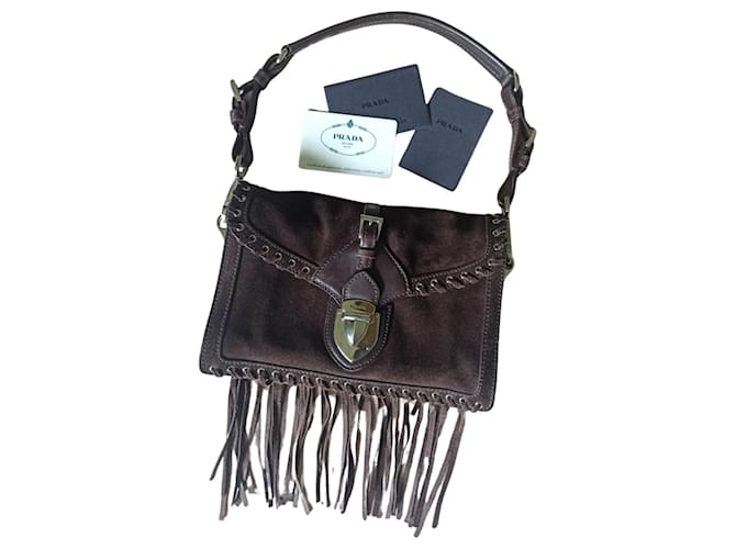 Borsa a tracolla Prada Tobacco Fringe in camoscio marrone Svezia  ref.1417737