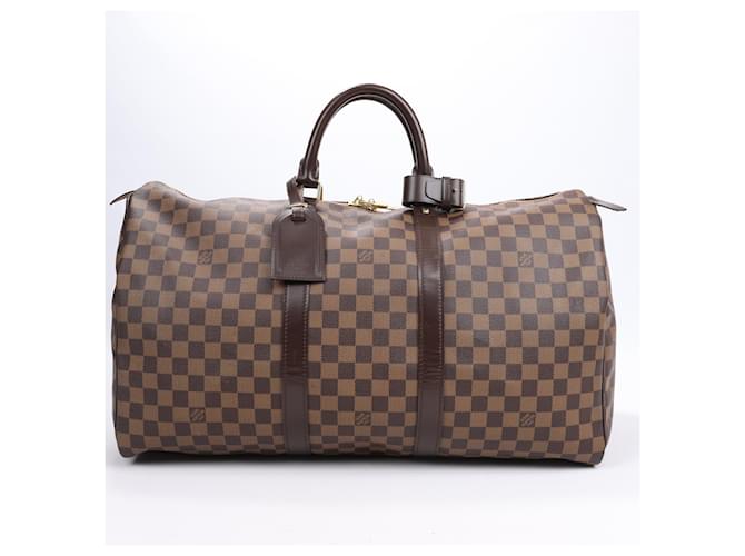 LOUIS VUITTON Damier Ebene Keepall 50 Mala de Viagem N41427 Marrom Couro  ref.1418020