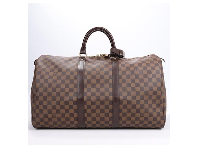 LOUIS VUITTON Damier Ebene Keepall 50 Mala de Viagem N41427 Marrom Couro  ref.1418022