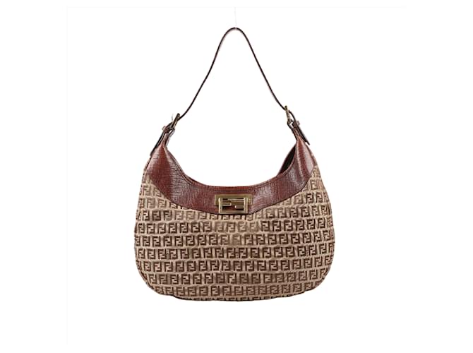 Borsa a tracolla in pelle di tela Fendi Zucchino in beige (8BR552) Marrone  ref.1418043