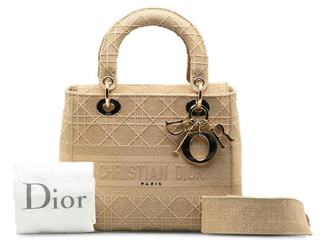 Cannage Dior Lady D-Lite Canvas Handbag in Great Condition Beige Cloth  ref.1418117