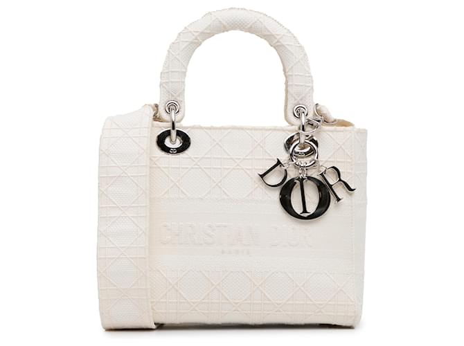 Dior Branco Médio Cannage Lady D-Lite Lona Pano  ref.1418194