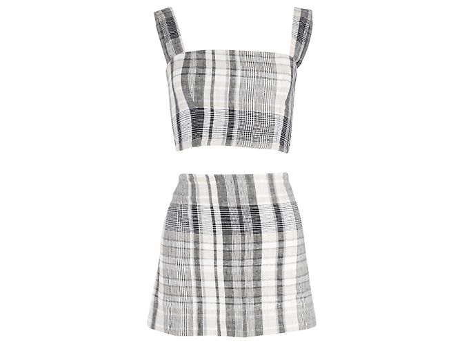 Conjunto Reformation de Top Xadrez e Mini Saia em Linho Cinza