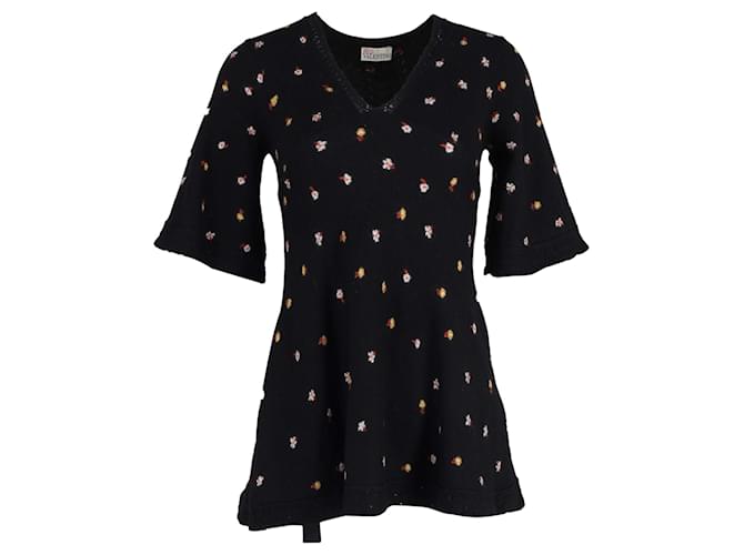 RED Valentino Printed V-Neck Mini Dress in Black Wool  ref.1418330