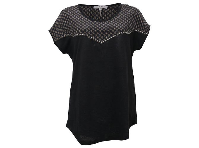 Sandro – Kurzärmlige Bluse mit Paisley-Nieten aus schwarzer Seide
