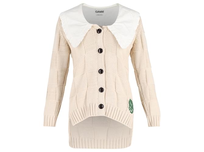 Ganni Rope Collared Cardigan in Cream Cotton White