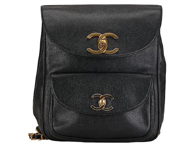 Mochila Chanel CC Caviar Chain Mochila de cuero en buen estado Negro  ref.1418744