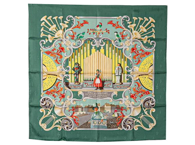 Hermès Hermes Silk Scarf 90cm x 88cm ORGAUPHONE ET AUTRES MECANIQUES Pipe Organ and Mechanical Instruments in Very Good Condition Green Cloth  ref.1418770