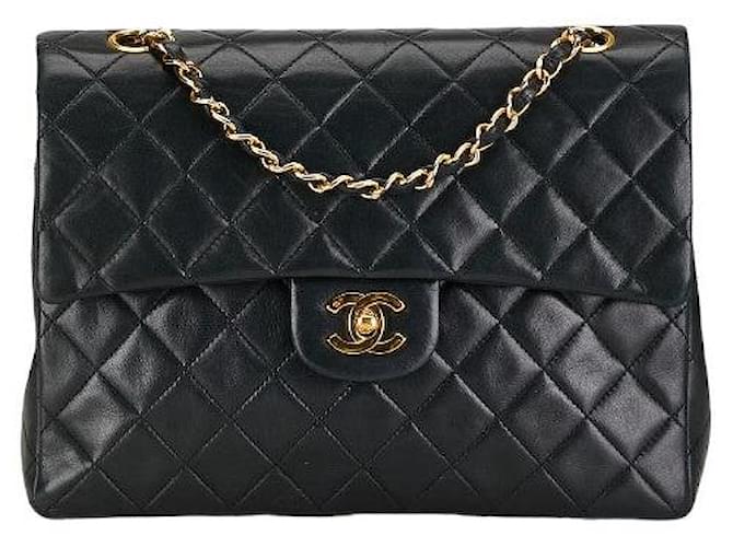 Chanel Matelasse Double Flap Chain Shoulder Bag Black Gold Lambskin in Good Condition Leather  ref.1418772