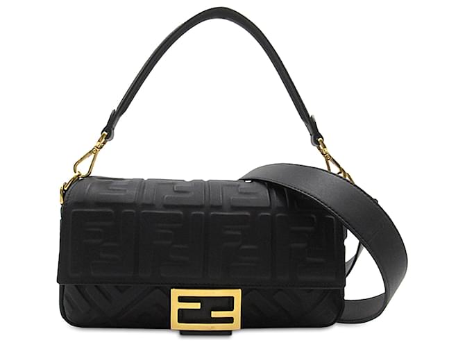 Bolsa Baguete Fendi Preta Zucca em Relevo Preto Couro Bezerro-como bezerro  ref.1419234