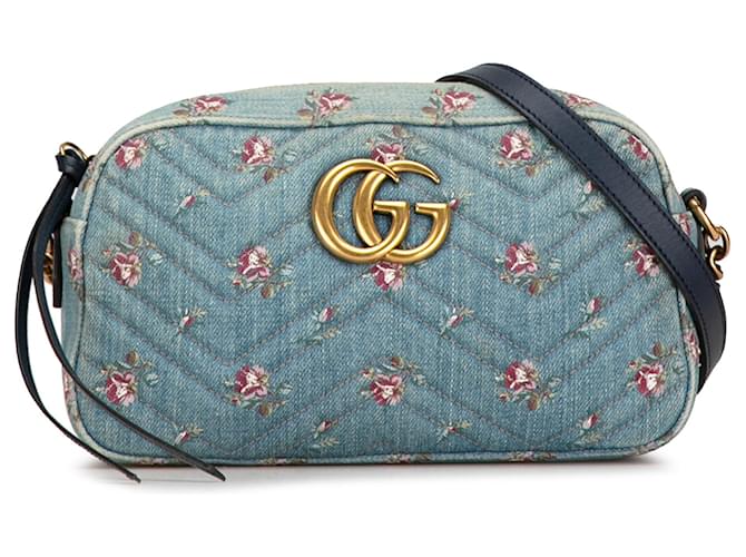 Gucci Blue Small GG Marmont Matelasse Denim Crossbody Pony-style calfskin Cloth  ref.1419303