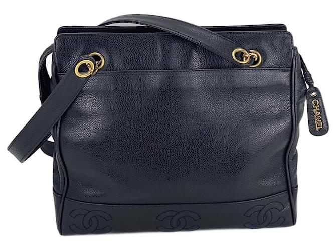 CHANEL Vintage Black Caviar Leather CC Zip Tote Sac à bandoulière avec/insert ajouté Cuir Noir  ref.1419427