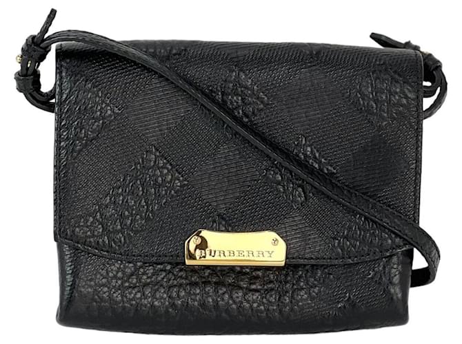 Borsa a tracolla nera Langley nera firmata Burberry in pelle martellata con motivo check in rilievo Nero Vitello simile a un vitello  ref.1419445