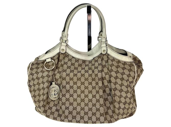 Gucci Sukey Large Monogram GG Canvas White Hand Bag Tote Brown Cloth  ref.1419449