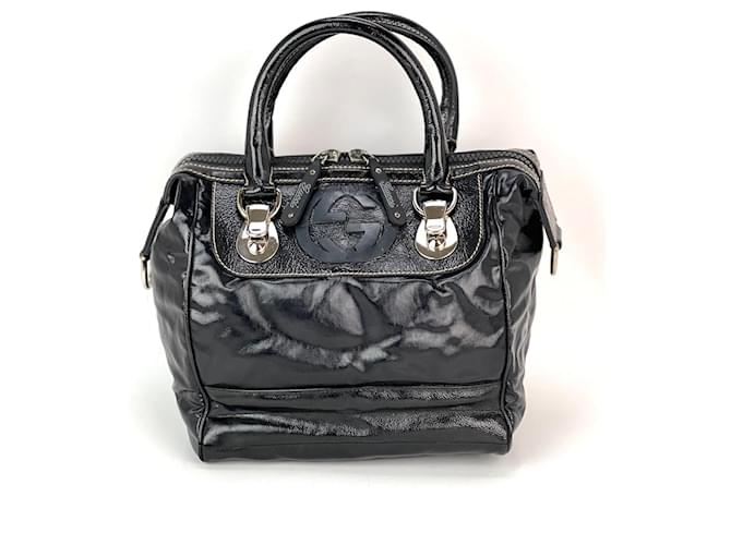 GUCCI Dialux Snow Glam Sac à bandoulière Boston en toile et cuir noir Cuir vernis  ref.1419450