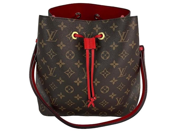 LOUIS VUITTON Neonoe MM Monogram Coquelicot Red Bucket Tote Bag Brown Cloth  ref.1419453