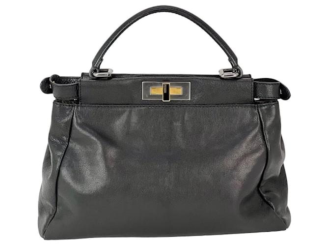 Borsa a tracolla media foderata Fendi nera iconica Peekaboo Zucca Nero Pelle  ref.1419458