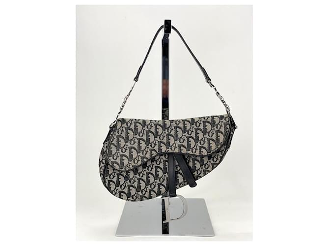 Christian Dior Oblique Saddle Hand Bag Purse Black Beige Canvas Cloth  ref.1419468