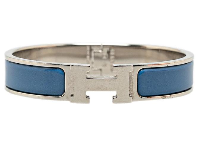 Hermès Hermes Click Clack H PM Bangle Silver Blue Metal in Very Good Condition Silvery  ref.1419535