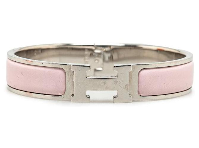 Hermès Pulsera Bangle H PM Click Clack de metal plateado y rosa en muy buen estado Plata  ref.1419536