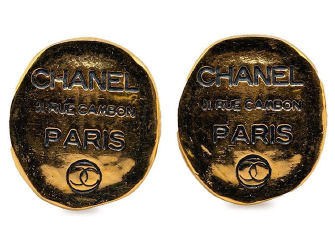 Chanel Cambon Plate Logo Earrings Gold Plated in Great Condition Golden Metal  ref.1419565