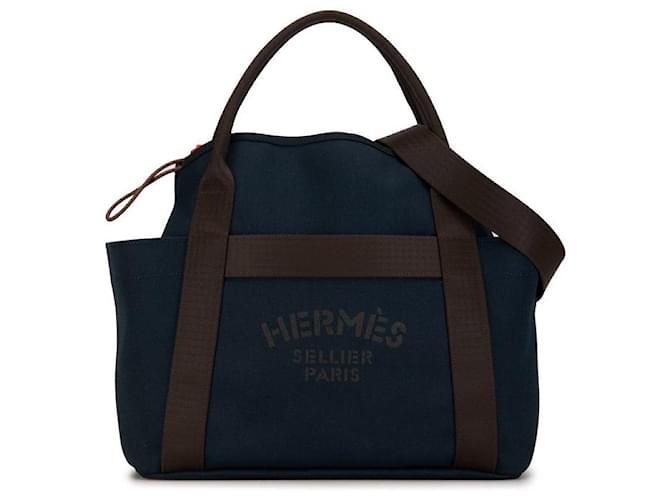 Hermès Hermes Canvas Leather 2WAY Tote Bag in Great Condition Blue Cloth  ref.1419570