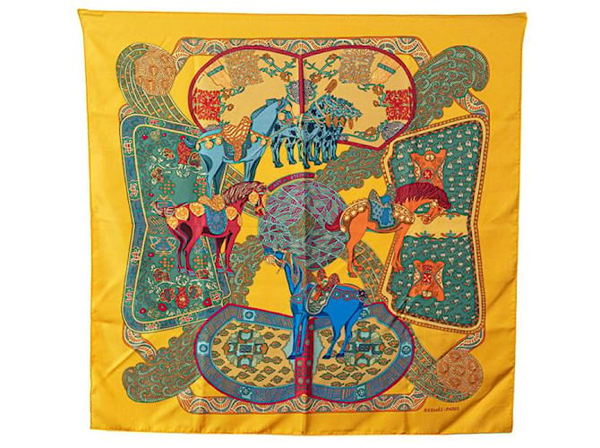 Hermès HERMES CARRE 90 Art des Steppes  Canvas Scarf in Good condition Yellow Cloth  ref.1419574