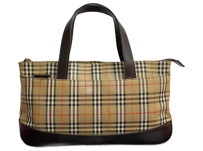 Bolsa de mão em lona e couro Burberry Haymarket Check em ótimo estado Marrom  ref.1419583