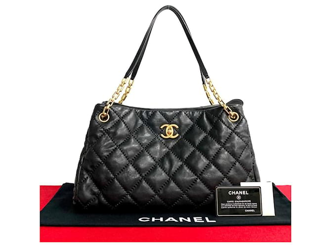 Sac à main en cuir Chanel CC matelassé rétro avec chaîne en très bon état Noir  ref.1419590