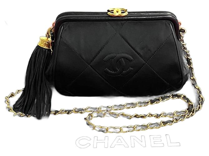 Chanel CC Satin Quilted Tassel Frame Crossbody Canvas Crossbody Bag in Very Good Condition Black Cloth  ref.1419591